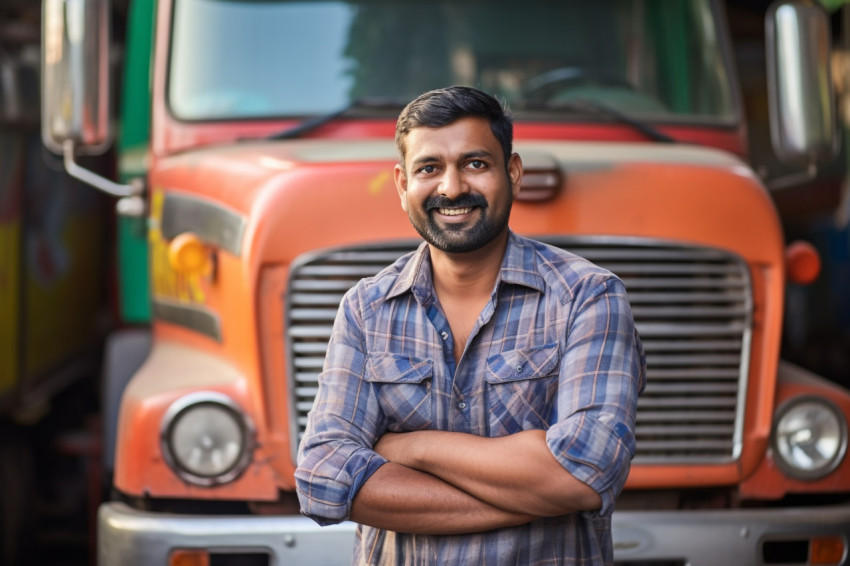 Skilled Indian truck mechanic repairs vehicle with expertise on a blurred background