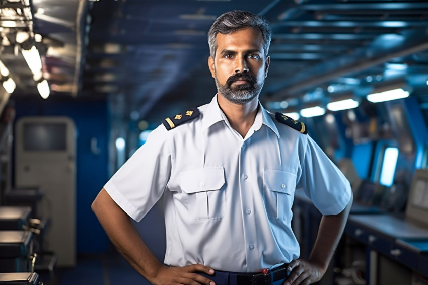 Dedicated Indian ship captain steering vessel on a blurred background