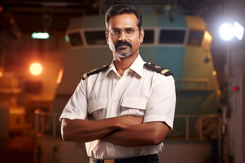 Dedicated Indian ship captain steering vessel on a blurred background