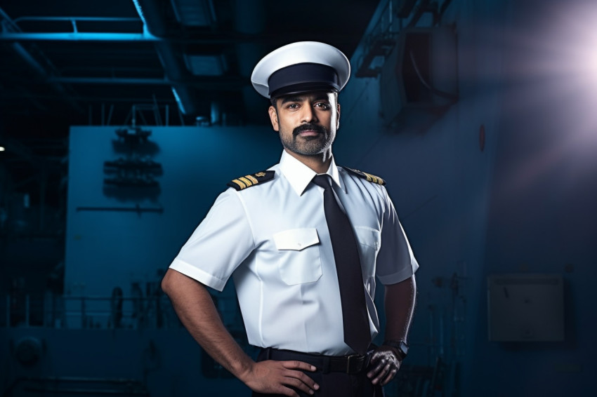 Dedicated Indian ship captain steering vessel on a blurred background