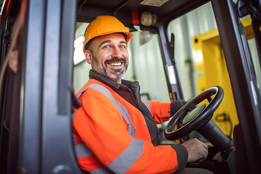 Cheerful forklift operator working with a blurred background