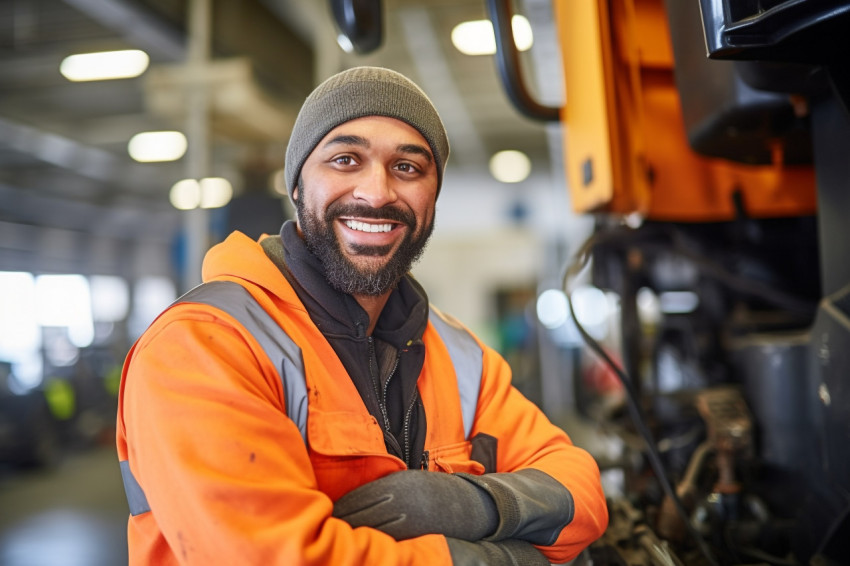 Cheerful bus mechanic repairing vehicle against a blurred background