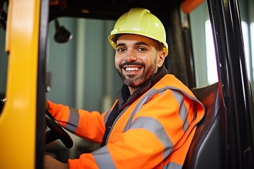 Cheerful forklift operator working with a blurred background