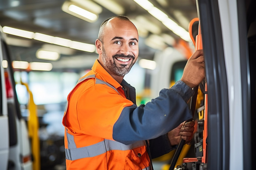 Cheerful bus mechanic repairing vehicle against a blurred background