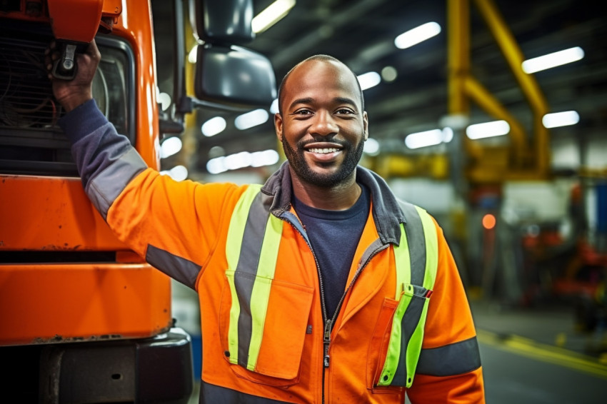 Cheerful bus mechanic repairing vehicle against a blurred background