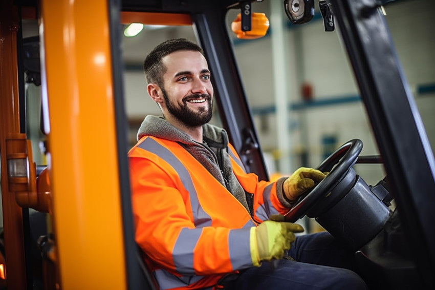 Cheerful forklift operator working with a blurred background