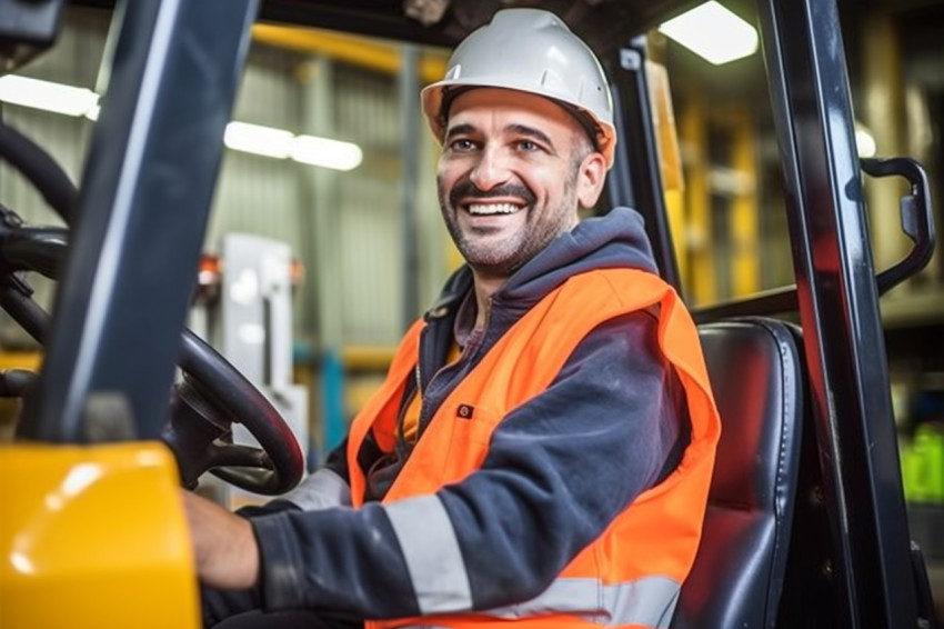 Cheerful forklift operator working with a blurred background