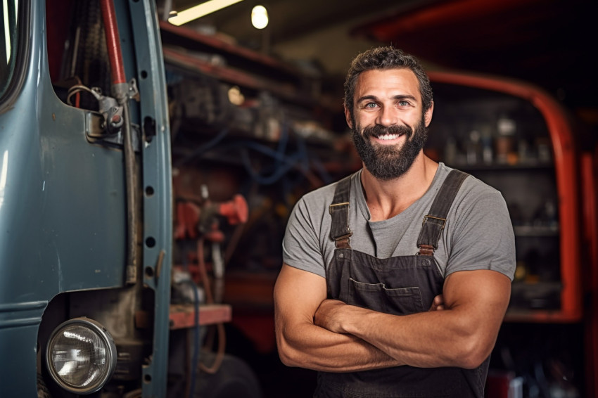 Cheerful bus mechanic repairing vehicle against a blurred background