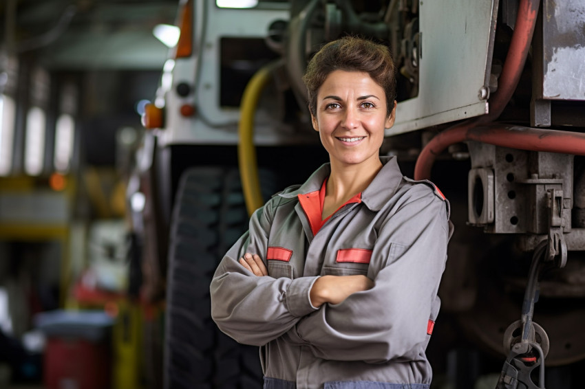 Cheerful female bus mechanic repairs vehicle against on blurred background