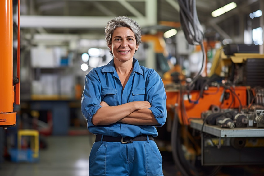 Cheerful female bus mechanic repairs vehicle against on blurred background