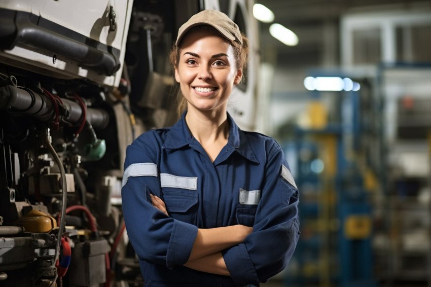 Cheerful female bus mechanic repairs vehicle against on blurred background