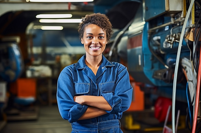 Cheerful female bus mechanic repairs vehicle against on blurred background