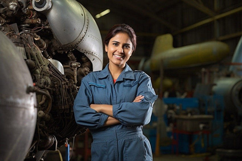 Cheerful Indian woman aircraft mechanic repairs plane against a blurred background