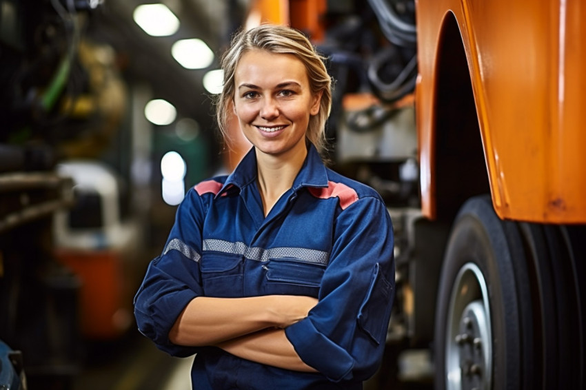 Cheerful female train driver working against a blurred background