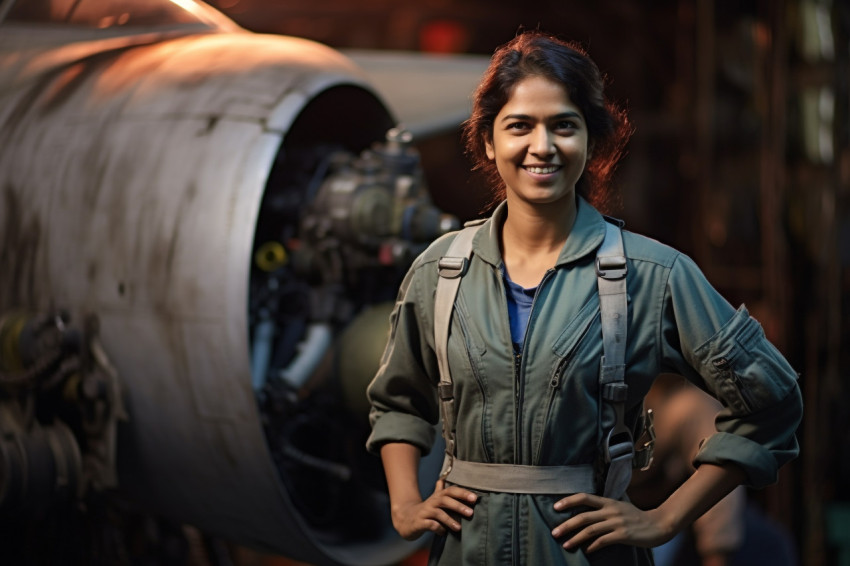 Cheerful Indian woman aircraft mechanic repairs plane against a blurred background