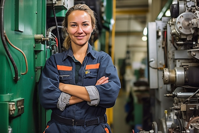 Cheerful female train driver working against a blurred background