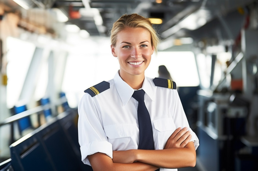 Cheerful female ship captain working on blurred background