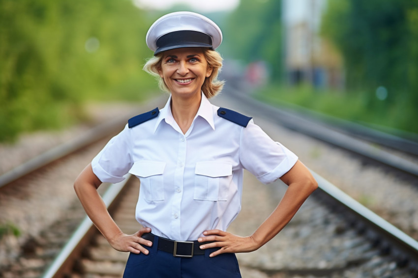 Cheerful female train conductor happily working with a blurred background