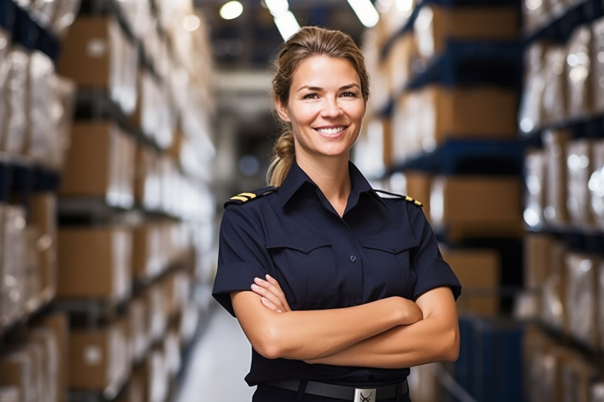 Cheerful female ship captain working on blurred background