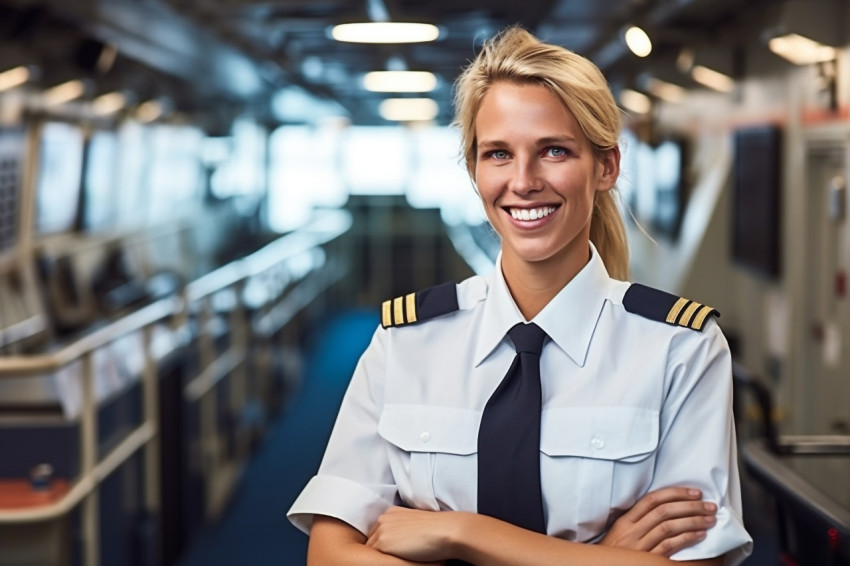 Cheerful female ship captain working on blurred background