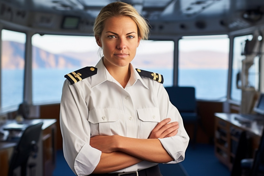 Cheerful female ship captain working on blurred background