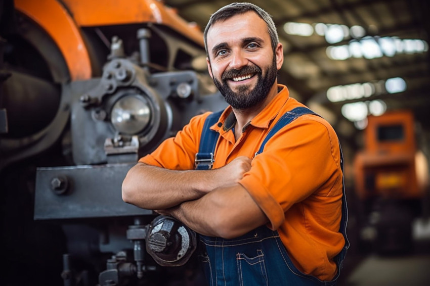 Cheerful train driver operates locomotive against on blurred background