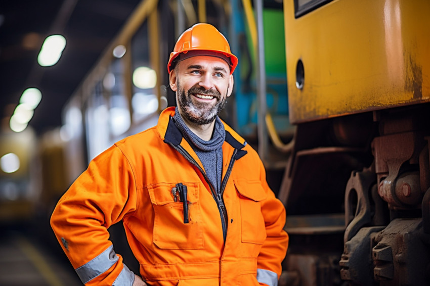 Cheerful train driver operates locomotive against on blurred background