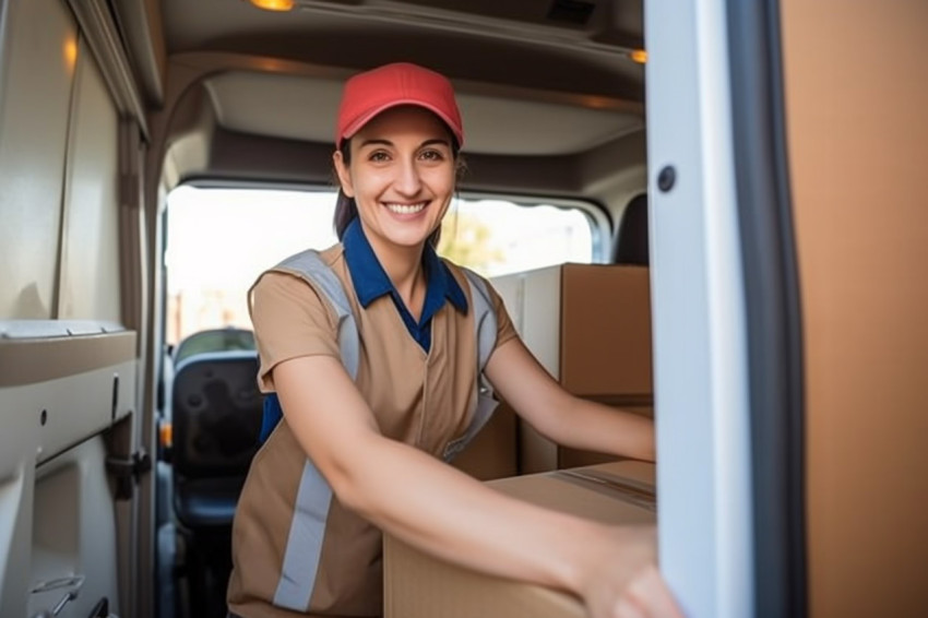 Cheerful female courier delivering packages against on blurred backgroundon blurred background