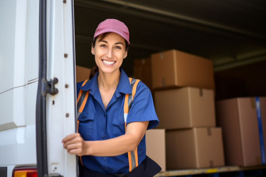 Cheerful female courier delivering packages against on blurred backgroundon blurred background