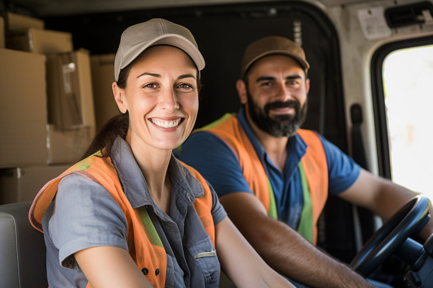 Cheerful female courier delivering packages against on blurred backgroundon blurred background