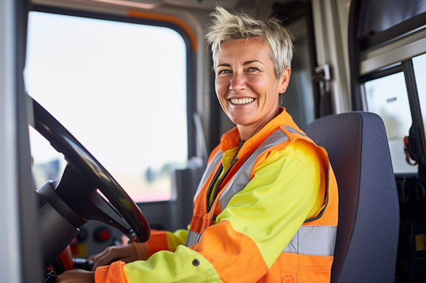 Happy female truck driver posing in front of her truck on blurred background on blurred background