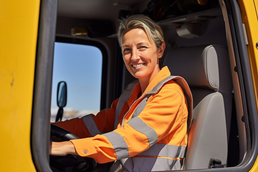 Happy female truck driver posing in front of her truck on blurred background on blurred background