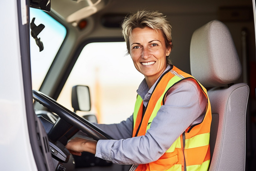 Happy female truck driver posing in front of her truck on blurred background on blurred background