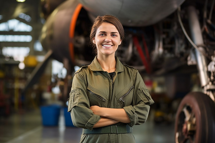 Cheerful female airplane mechanic repairs aircraft against a blurred background