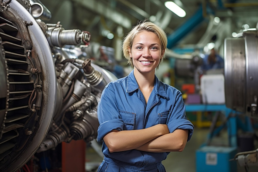 Cheerful female airplane mechanic repairs aircraft against a blurred background