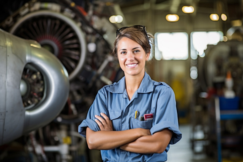 Cheerful female airplane mechanic repairs aircraft against a blurred background