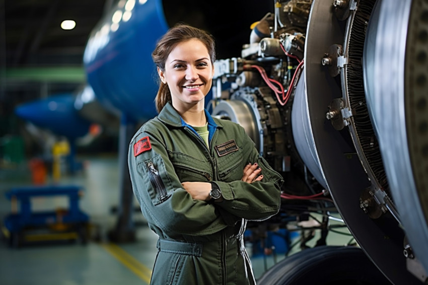 Cheerful female airplane mechanic repairs aircraft against a blurred background