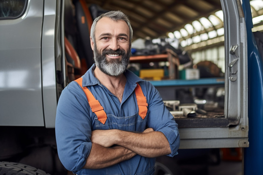 Cheerful truck mechanic working against a blurred background