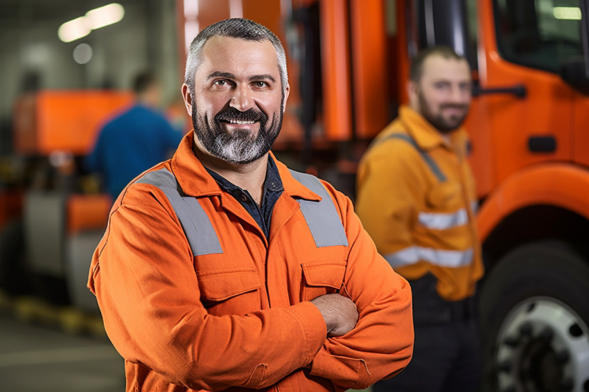 Cheerful truck mechanic working against a blurred background