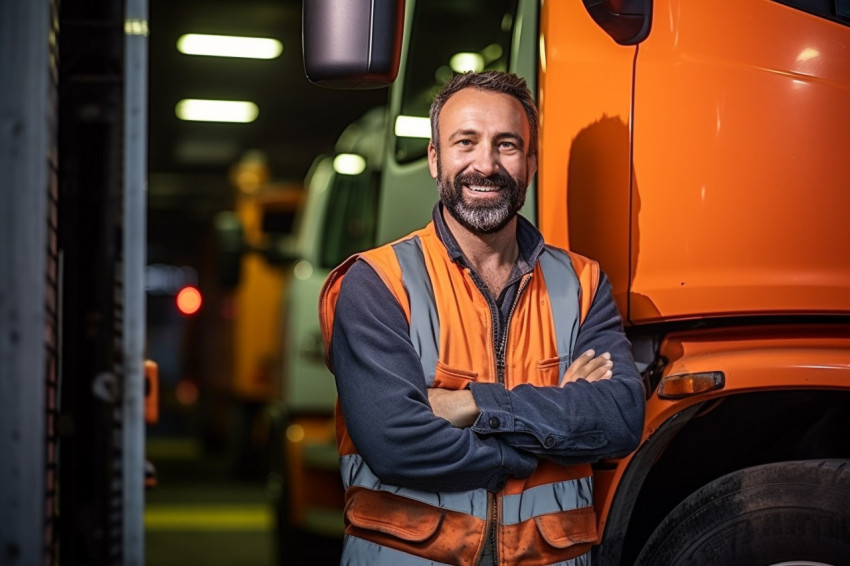 Cheerful truck mechanic working against a blurred background