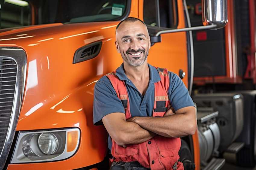 Cheerful truck mechanic working against a blurred background