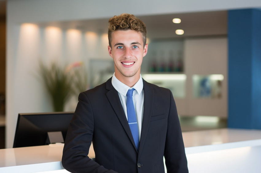 Confident businessman at front desk with blurred background