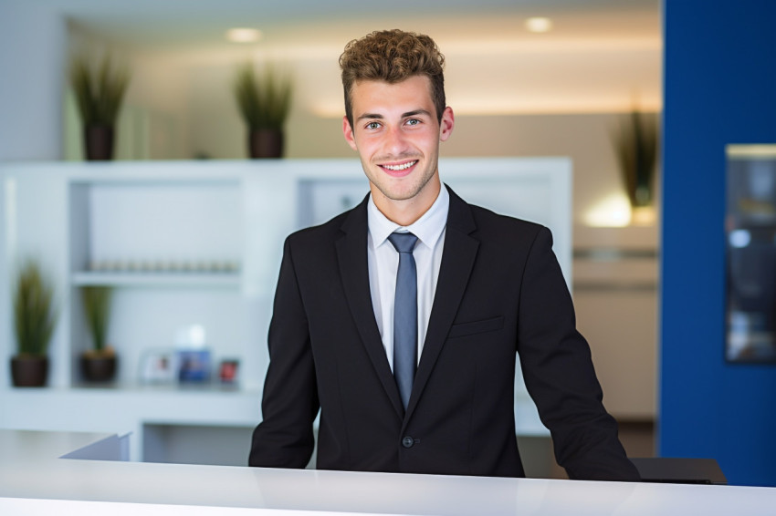 Confident businessman at front desk with blurred background