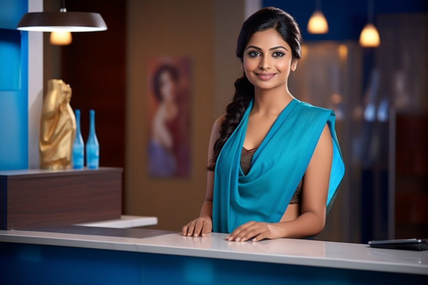 Indian female receptionist working at a desk blurry background