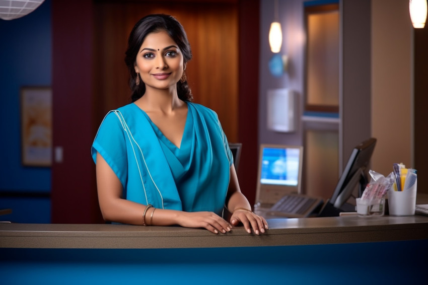 Indian female receptionist working at a desk blurry background