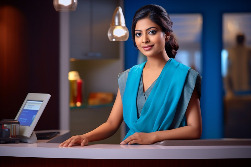 Indian female receptionist working at a desk blurry background