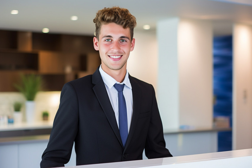 Confident businessman at front desk with blurred background