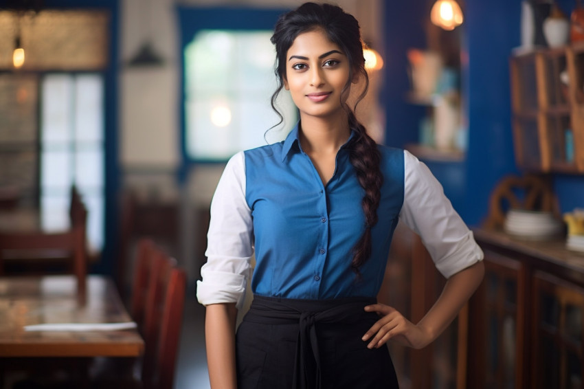 Indian woman waiter working blurred background