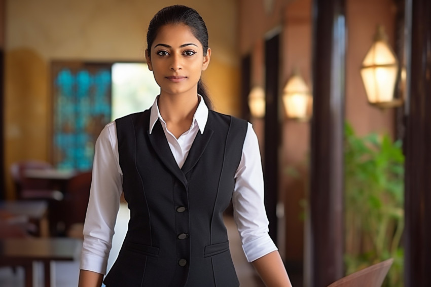 Indian female concierge working on blurred background Indian female concierge working on blurred background