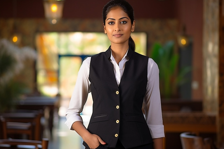 Indian female concierge working on blurred background Indian female concierge working on blurred background